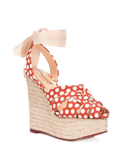 Shop Charlotte Olympia Polka Dot High Heel Wedges In Red