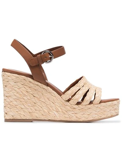 Prada 105 Leather And Woven Raffia Espadrille Wedge Sandals In Beige |  ModeSens