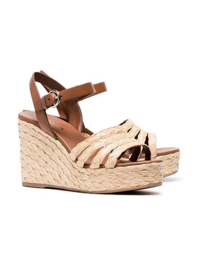 Shop Prada Beige Raffia 105 Leather Wedges In Neutrals