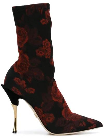 Shop Dolce & Gabbana Rose Patterned Sock Boots In Black