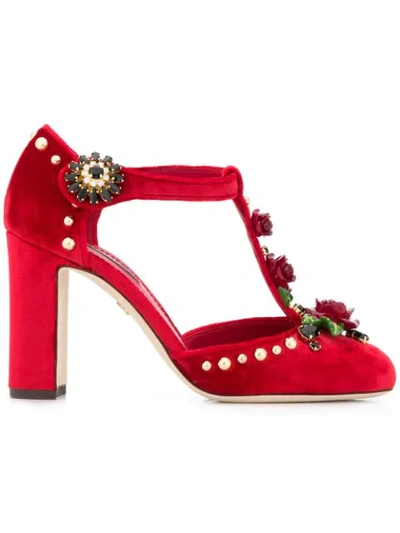 Shop Dolce & Gabbana Rose Appliqué T-bar Pumps In Red
