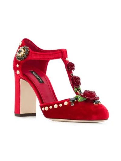 Shop Dolce & Gabbana Rose Appliqué T-bar Pumps In Red
