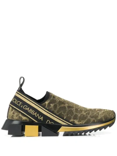 Shop Dolce & Gabbana Leopard-print Lurex-knit Sneakers In Gold