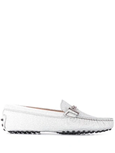 Tod's Gommino Double T Loafers In Silver