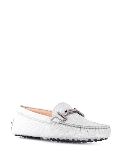 Tod's Gommino Double T Loafers In Silver