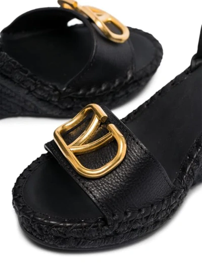 VALENTINO BLACK GARAVANI OPEN LOGO 100MM LEATHER ESPADRILLE WEDGES - 黑色