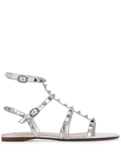 Shop Valentino Garavani Rockstud Ankle Flat Sandals In Grey