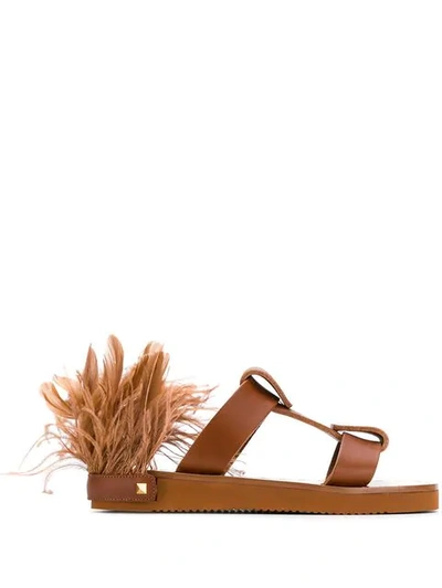 Shop Valentino Feather-detail Flat Sandals In Brown