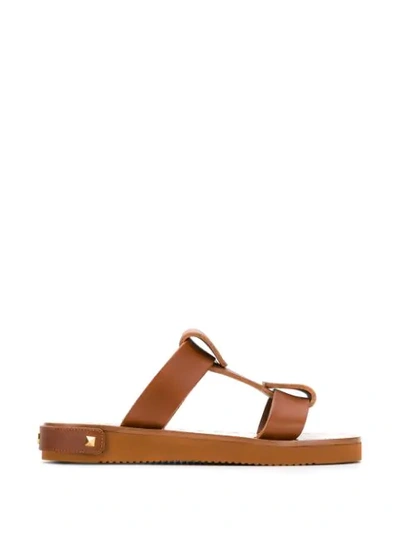 Shop Valentino Feather-detail Flat Sandals In Brown