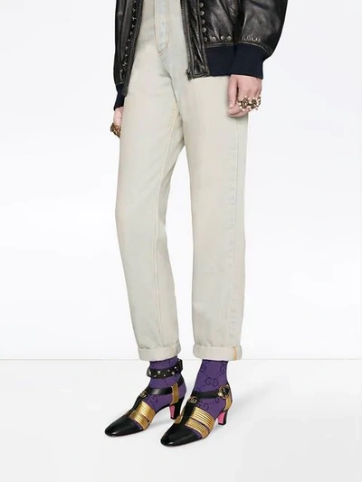 Shop Gucci Leather Mid-heel T-strap Sandal In Black