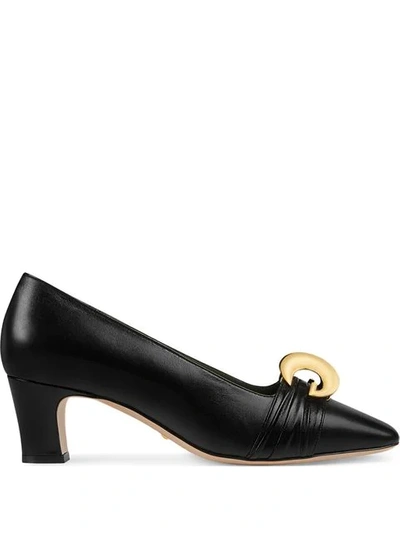 Shop Gucci Leather Mid-heel Pump With Half Moon Gg In Black