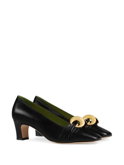Shop Gucci Leather Mid-heel Pump With Half Moon Gg In Black
