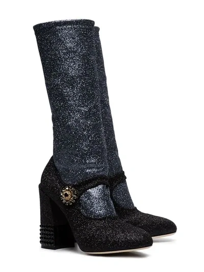 Shop Dolce & Gabbana Black 105 Glitter Sock Insert Leather Boots