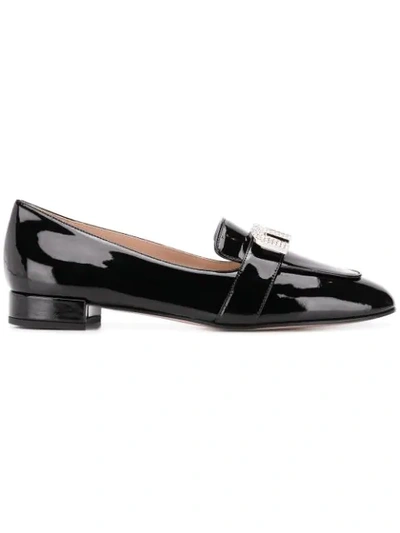 Shop Miu Miu Embellished Logo Loafers In Black