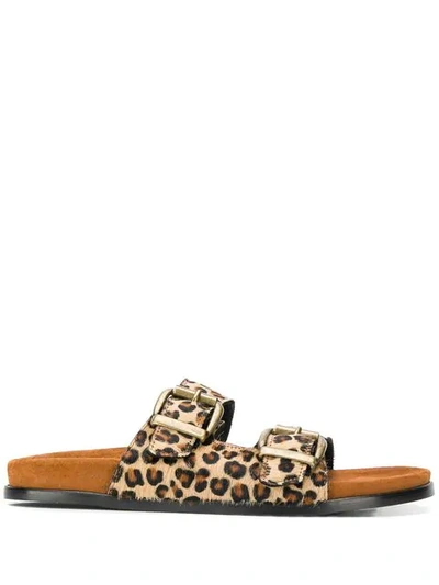 AVEC MODÉRATION LEOPARD BUCKLED STRAP SLIDES - 棕色