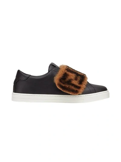 Shop Fendi Ff Motif Fur Panel Sneakers In Black