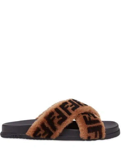 Shop Fendi Fluffy Ff Motif Slides In Brown