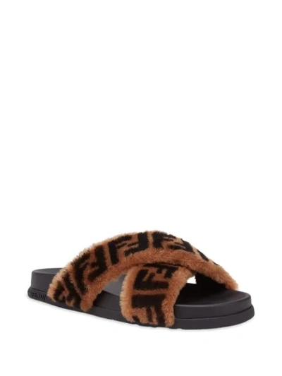 Shop Fendi Fluffy Ff Motif Slides In Brown