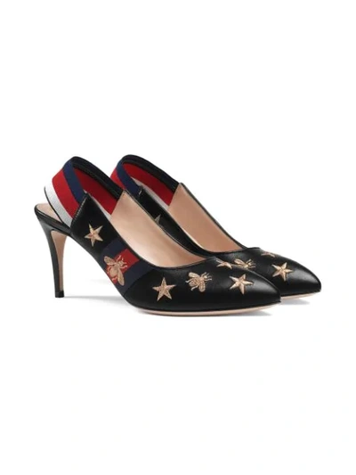 Shop Gucci Embroidered Leather Web Slingback Pump In Black