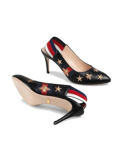 Shop Gucci Embroidered Leather Web Slingback Pump In Black