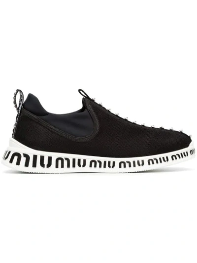 Shop Miu Miu Black And White Jewelled Stretch Logo Sneakers