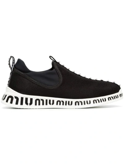 black and white jewelled stretch logo sneakers