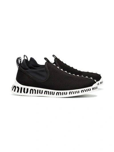 black and white jewelled stretch logo sneakers