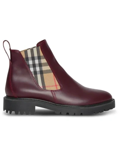 Shop Burberry Vintage Check Detail Leather Chelsea Boots In Red