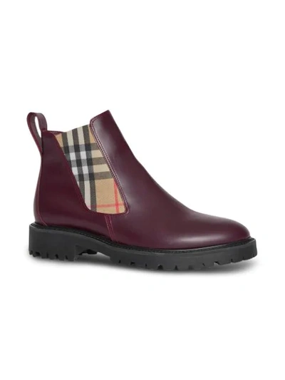 Shop Burberry Vintage Check Detail Leather Chelsea Boots In Red