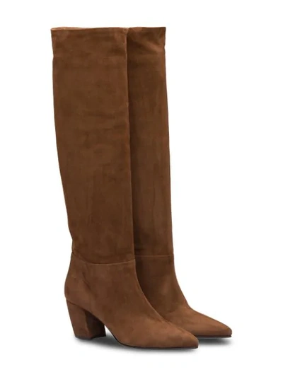 Shop Prada Suede Knee-high Boots In Brown