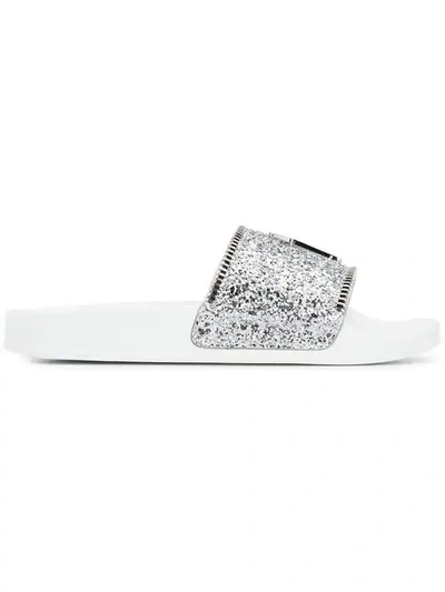 Shop Giuseppe Zanotti Glitter Logo Slides In Silver