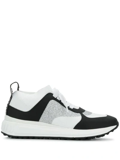 Shop Miu Miu Leather And Glitter Fabric Sneakers In White