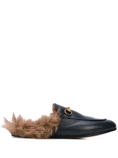 Gucci Princetown Horsebit-detailed Shearling-lined Leather Slippers In Black ,brown