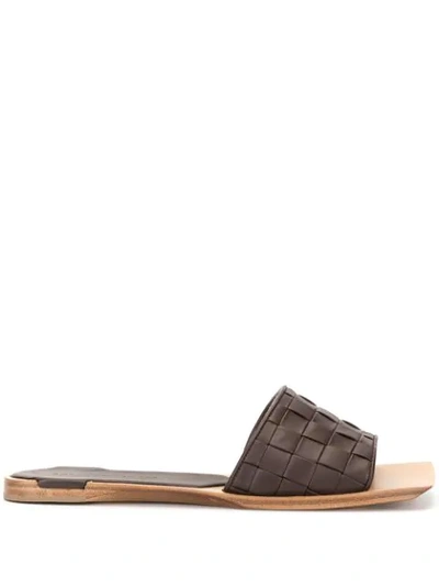 Shop Bottega Veneta Square Toe Intrecciato Slides In Brown