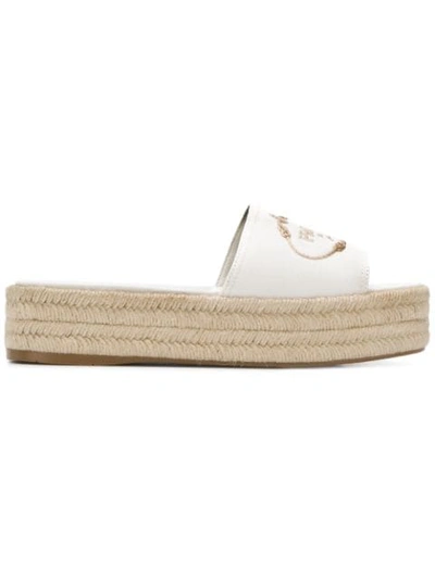 Shop Prada Logo Embroidered Espadrille Slides - White