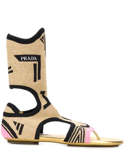 Shop Prada Cut-out Detail Sandals In Gold