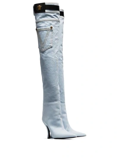 VERSACE DENIM THIGH-HIGH BOOTS - 蓝色