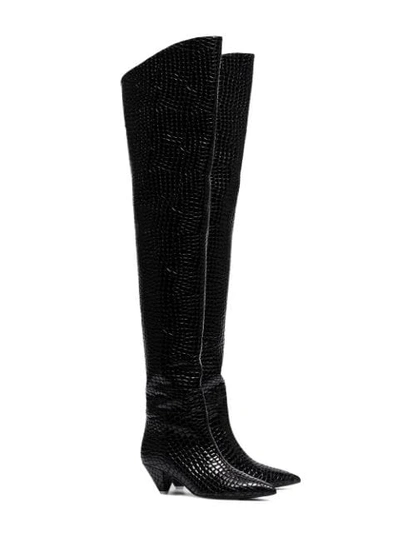 Shop Attico Black Crocodile Print 45 Leather Over-the-knee Boots