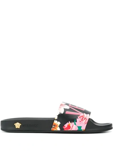 Shop Versace Logo Printed Slides In Black