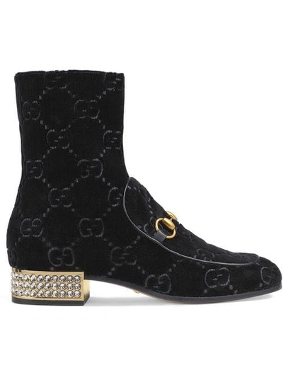 Shop Gucci Horsebit Gg Velvet Boots With Crystals In Black