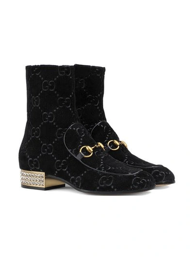 Shop Gucci Horsebit Gg Velvet Boots With Crystals In Black