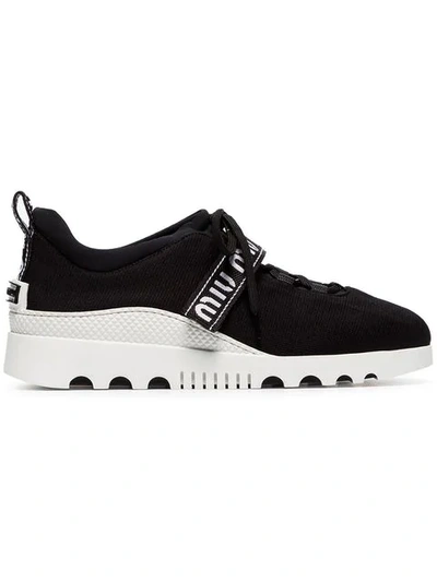 Shop Miu Miu Black Low Top Lace Up Fabric Sneakers In F0002 Black