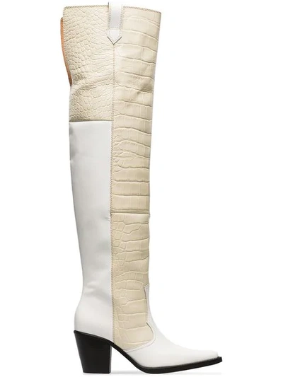 Shop Ganni White Nadine 70 Leather Thigh High Boots