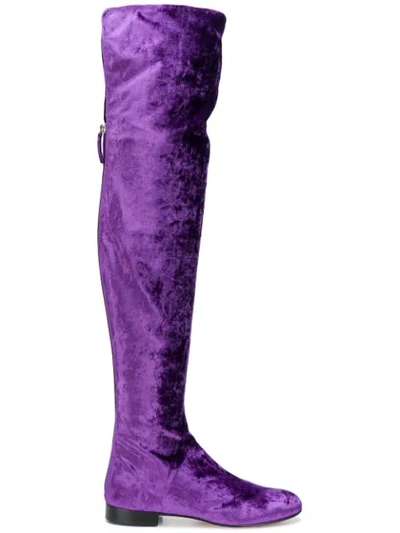 Shop Alberta Ferretti Thigh-length Velvet Boots In Purple