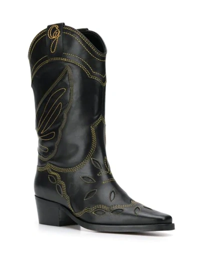 Shop Ganni Embroidered Cowboy Boots In Black