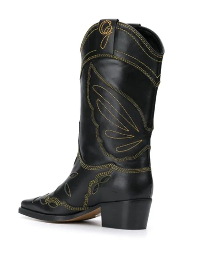 Shop Ganni Embroidered Cowboy Boots In Black