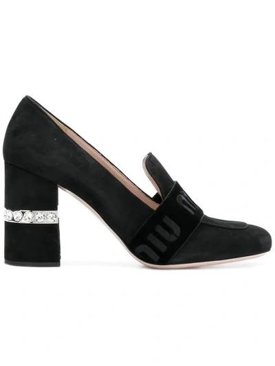 Shop Miu Miu Crystal Heel Logo Band Loafers In F0002 Nero