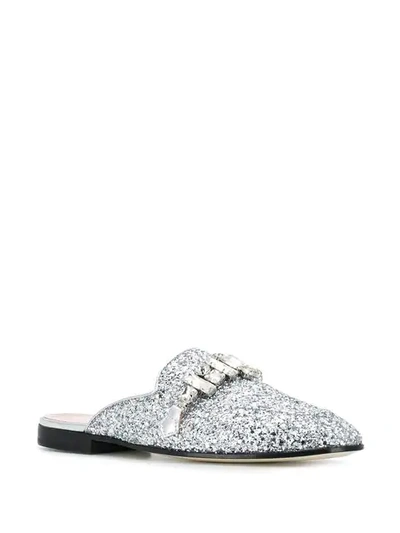 Shop Pollini Glitter Crystal Buckle Slippers In Silver