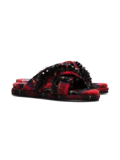Shop Simone Rocha Red And Black Bead Embellished Tartan Wool Slides