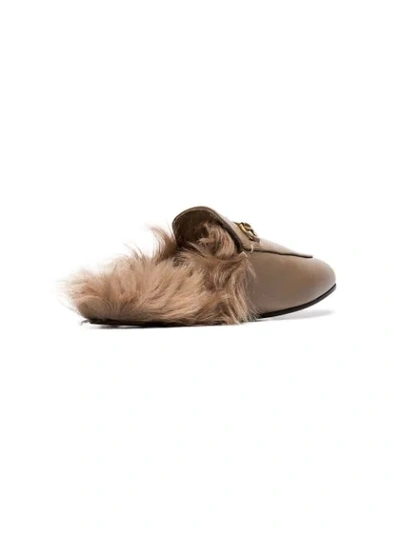 Shop Gucci Beige Princetown Flat Leather And Shearling Slippers In Brown